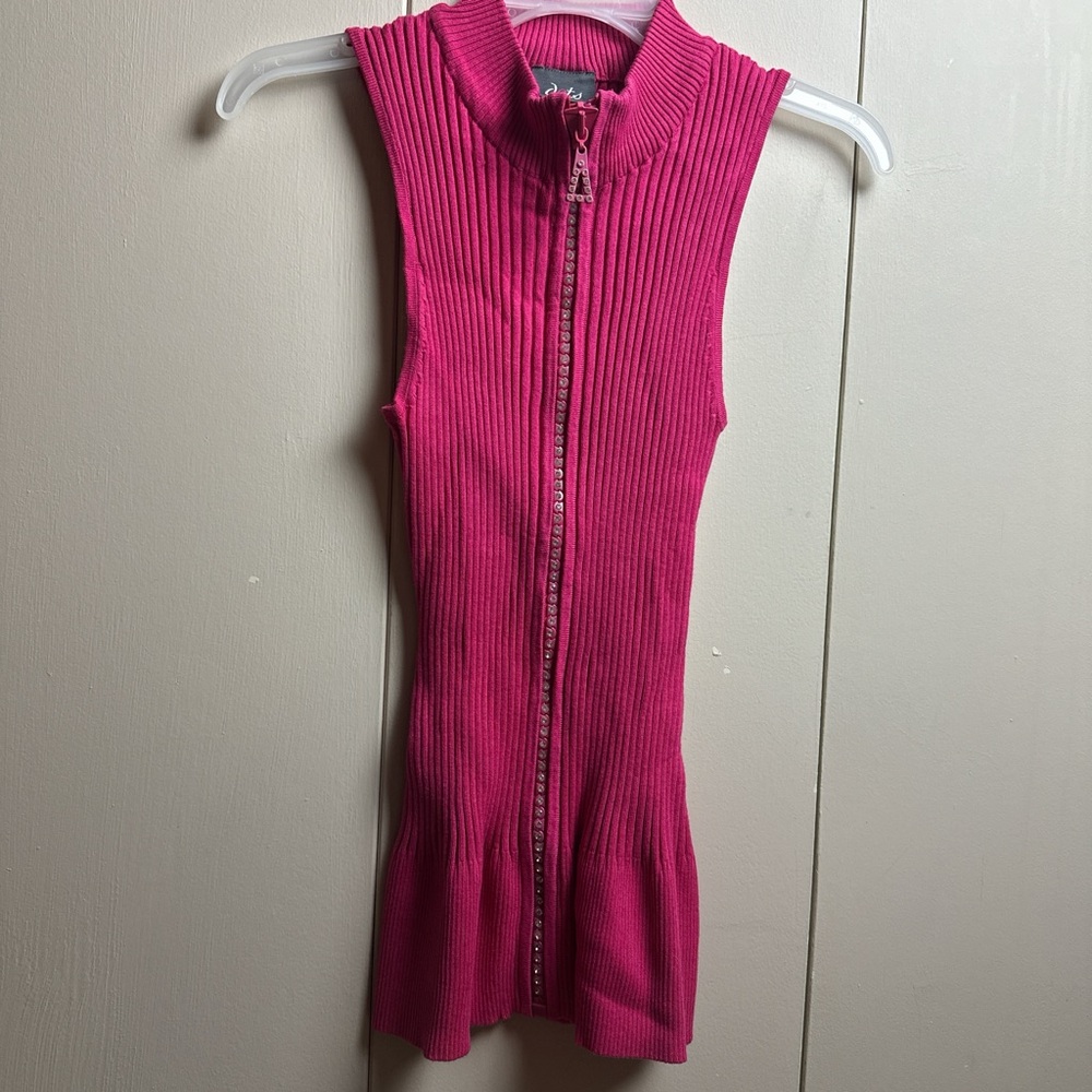 Y2K Pink Sleeveless Tank Top w Rhinestone Zipper Sweater Material - Picture 8 of 8